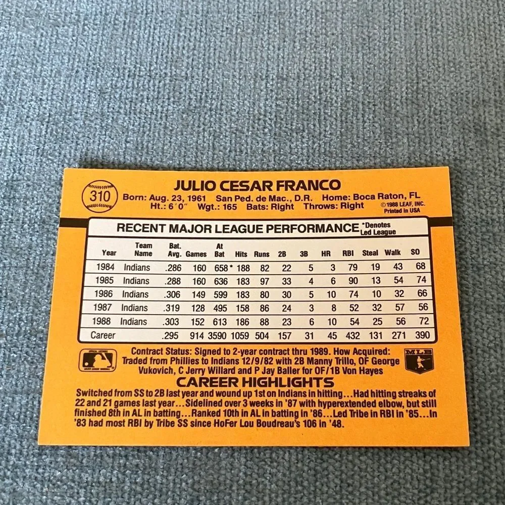 1989 Donruss Cleveland Indians Baseball Card Trading Card